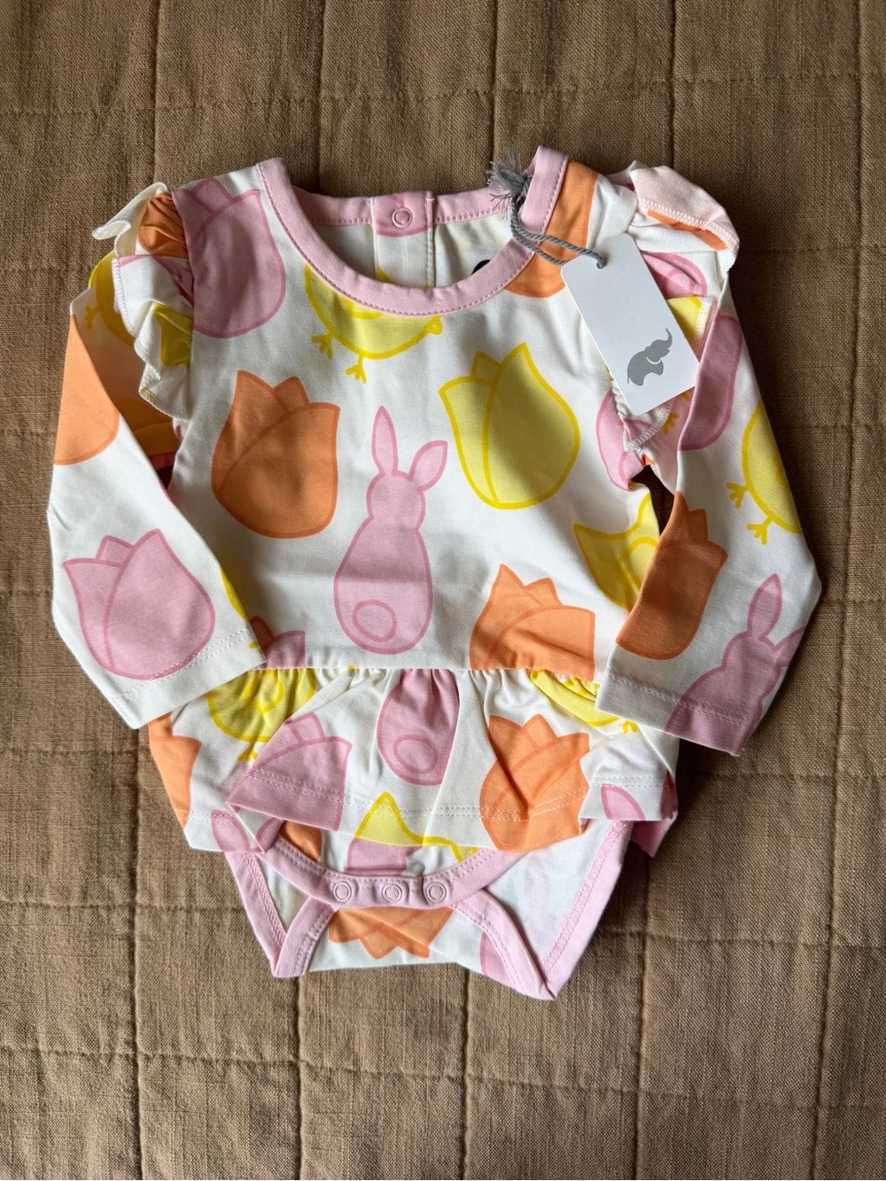 Elephant Tag Pink & Yellow Bunny Floral Long-Sleeve Baby Bodysuit